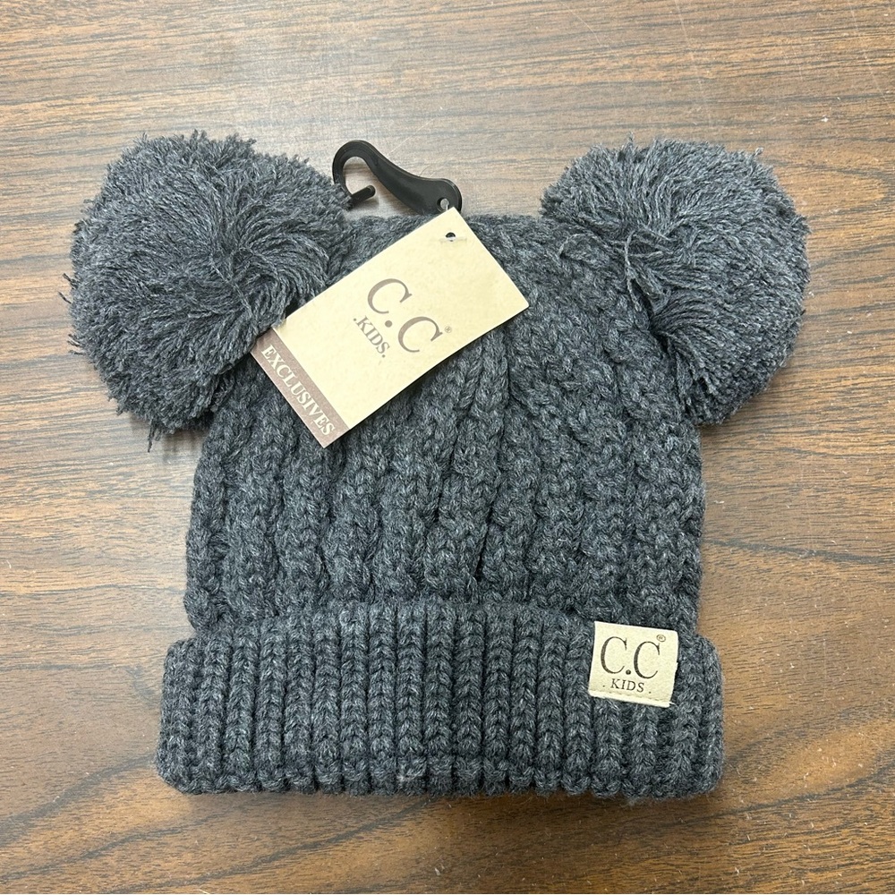 New C.C Kids Solid Cable Knit Double Pom Beanie in Dark Grey